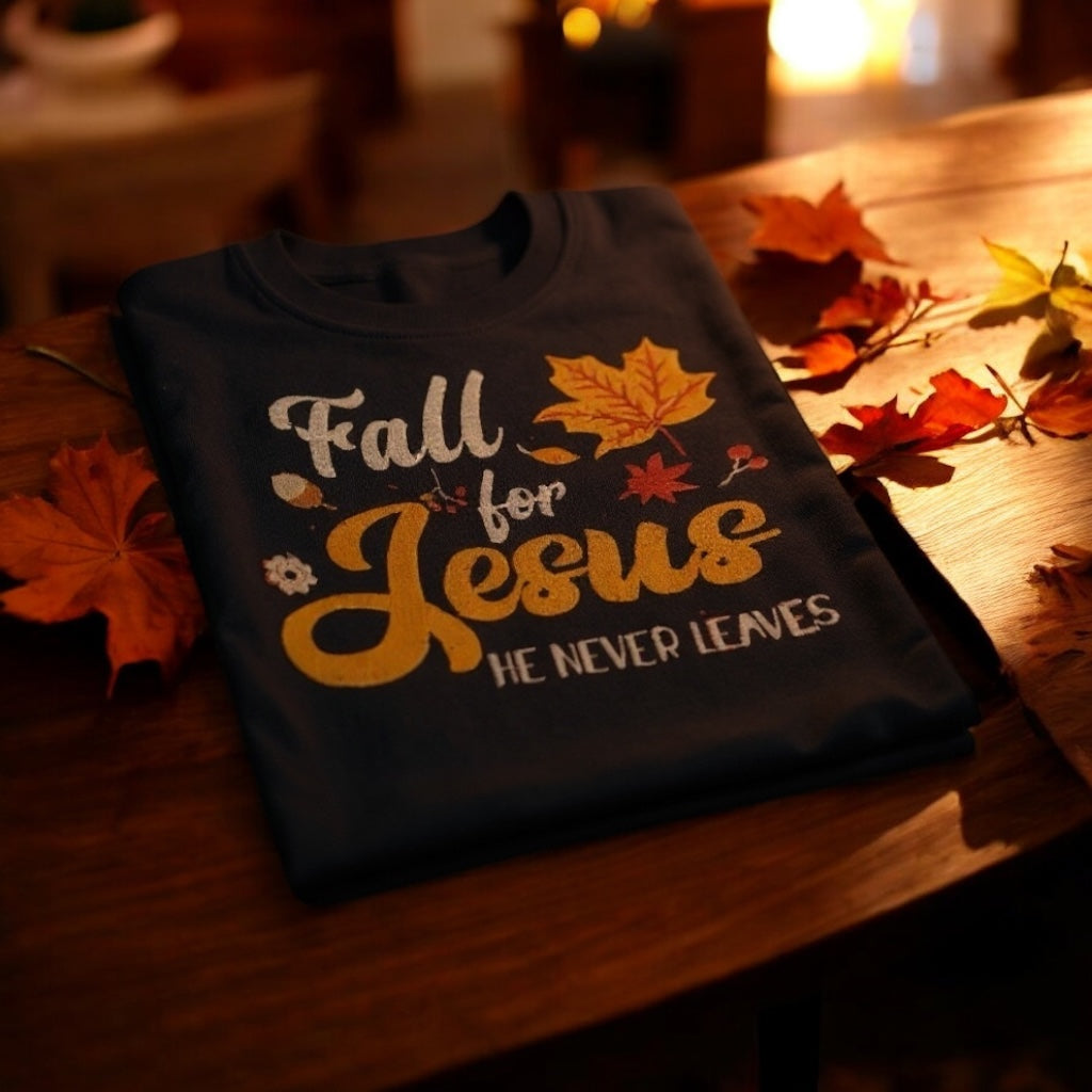 Fall for Jesus He Never Leaves Christian T-Shirt - Faith Autumn Tee