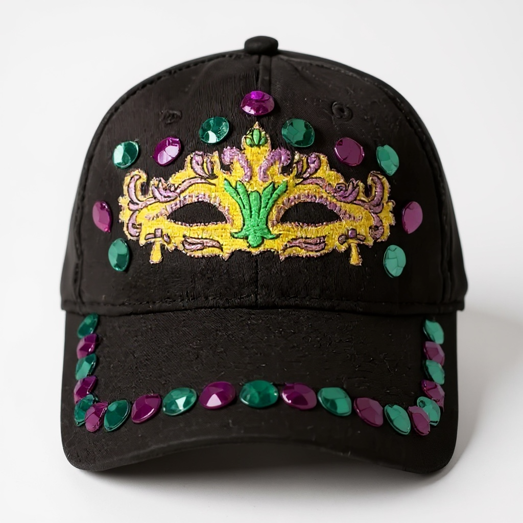 Black beaded Mardi Gras baseball cap with embroidered carnival mask design featuring purple and green beaded trim around crown and brim.