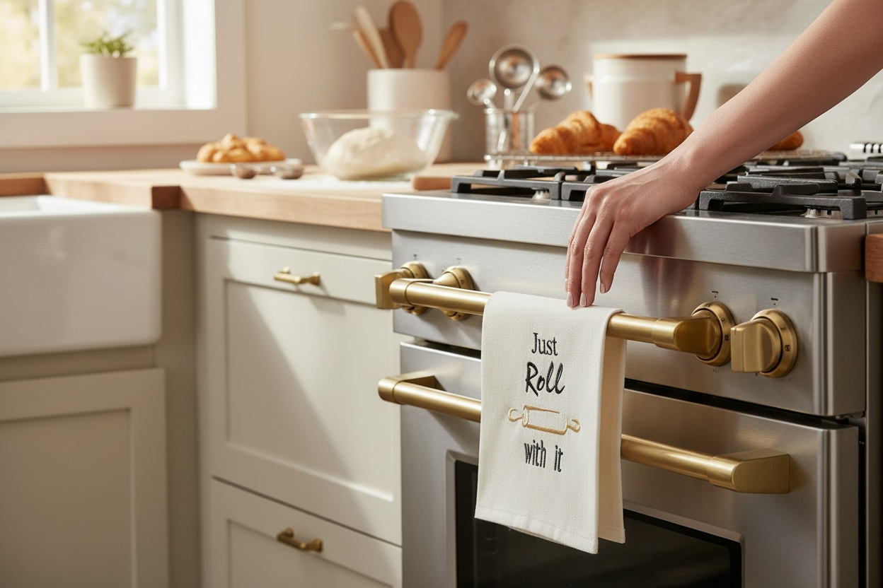 Just Roll With It Embroidered Tea Towel