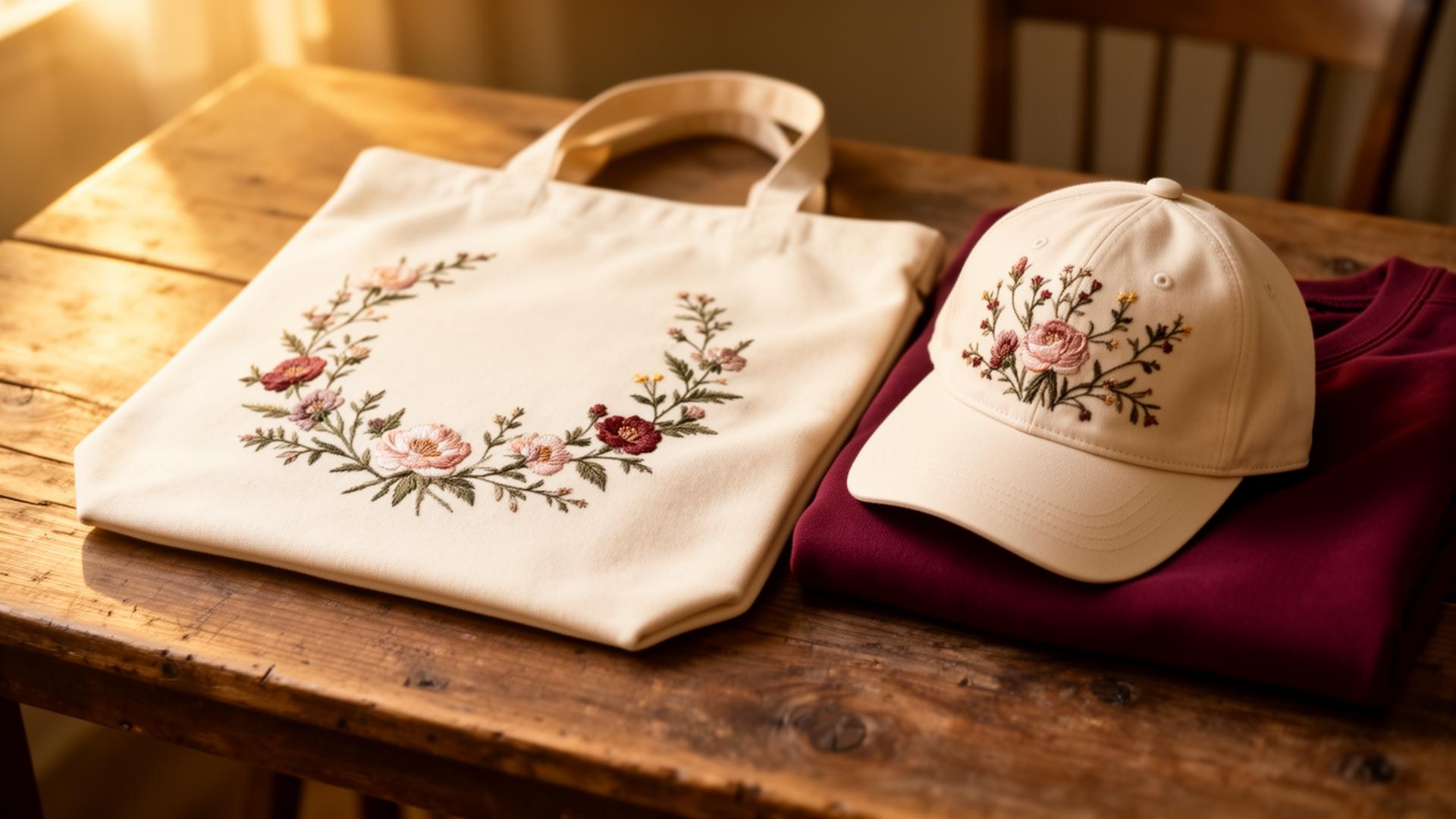Hand-embroidered tote, hat and sweatshirt on a warm wooden table