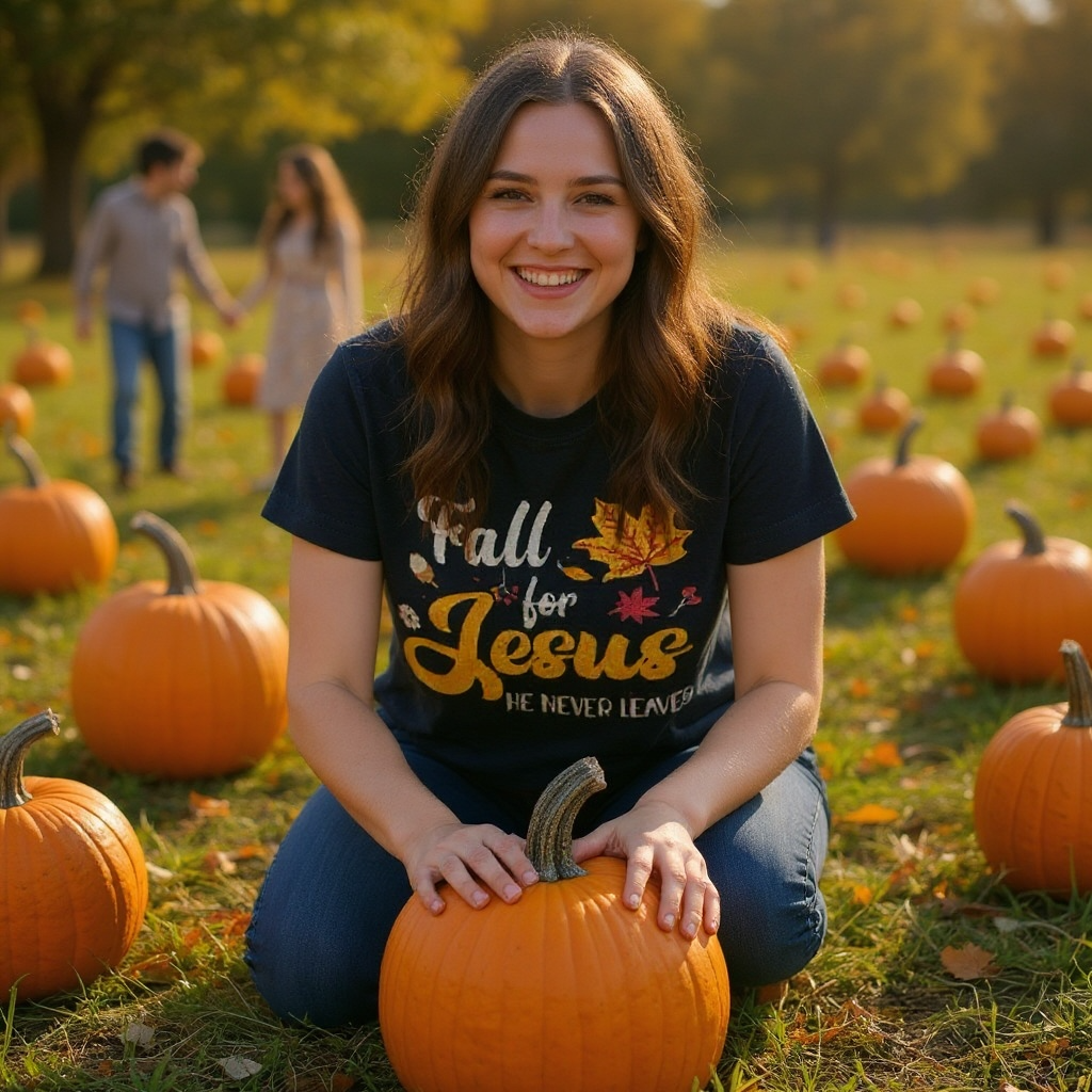 Young woman smiling while wearing Fall for Jesus Christian T-shirt, sitting with pumpkin in autumn pumpkin patch setting