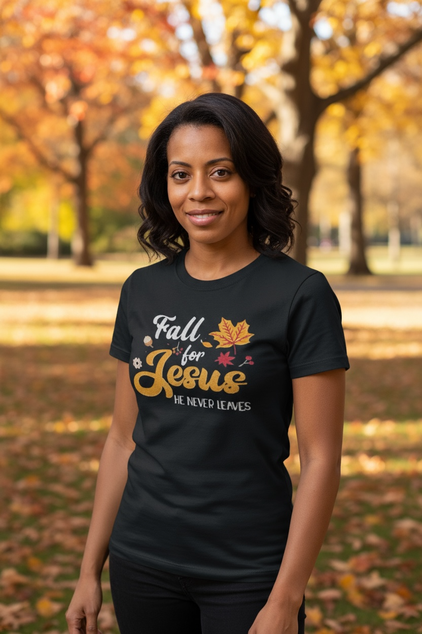 Woman wearing black Fall for Jesus T-shirt with embroidered autumn leaves in park setting with golden foliage.