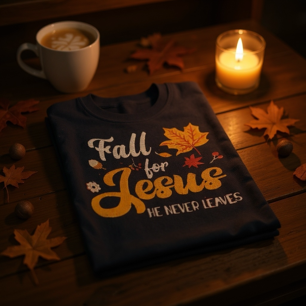 Fall for Jesus Christian T-shirt flat lay with autumn leaves, coffee mug, and candle, creating a cozy fall atmosphere
