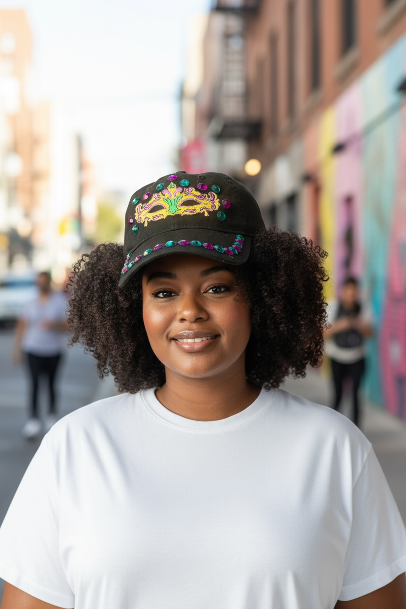 Woman wearing black Mardi Gras embroidered baseball cap with colorful, carnival mask design and beaded trim, smiling on city street.
