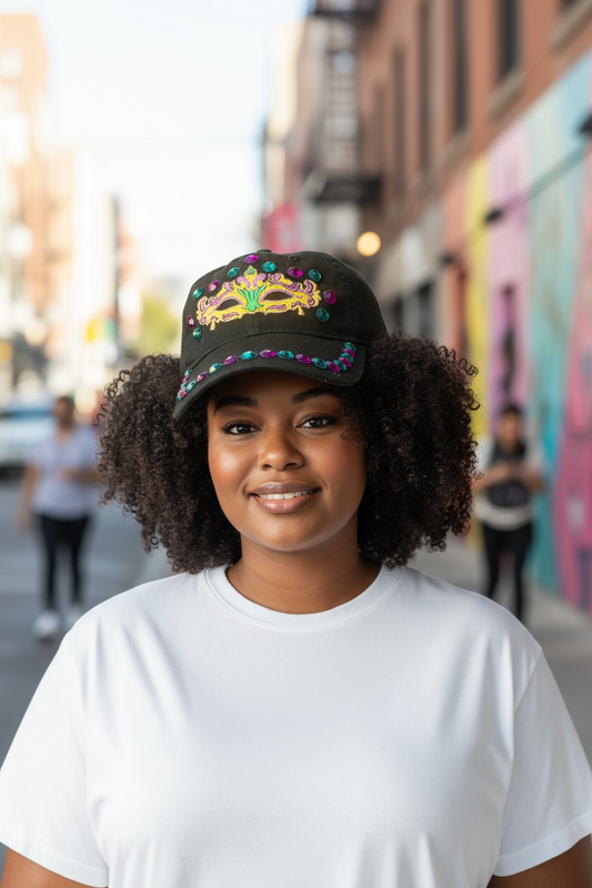 Woman wearing black Mardi Gras embroidered baseball cap with colorful, carnival mask design and beaded trim, smiling on city street.